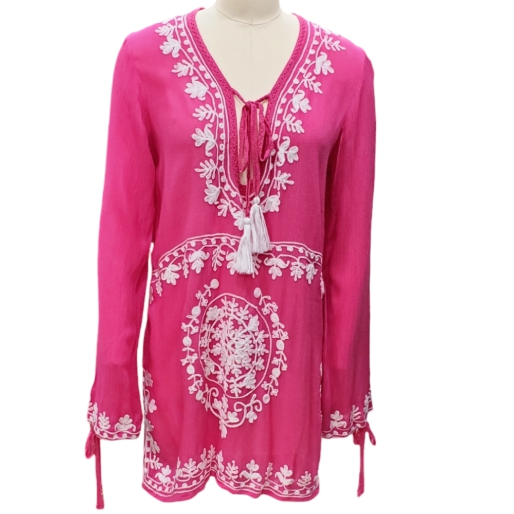 Rise & Bloom tunic top women's small Brite Magenta pink gauze floral embroidery